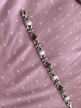 Sterling-Tone Bracelet with Brown Tiger Eye and Silver Tone domes